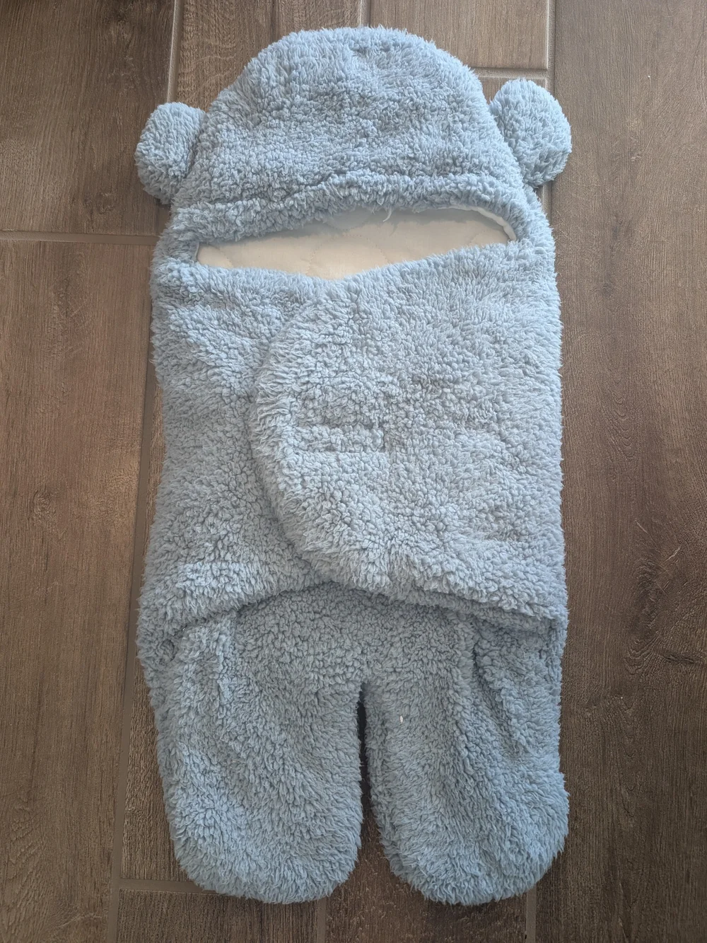 Cozy Light Blue Sherpa Baby Swaddle with Bear Hood